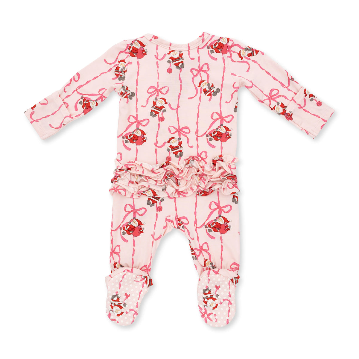 Bows & Santa 2 Way Ruffle Back Zipper Footie