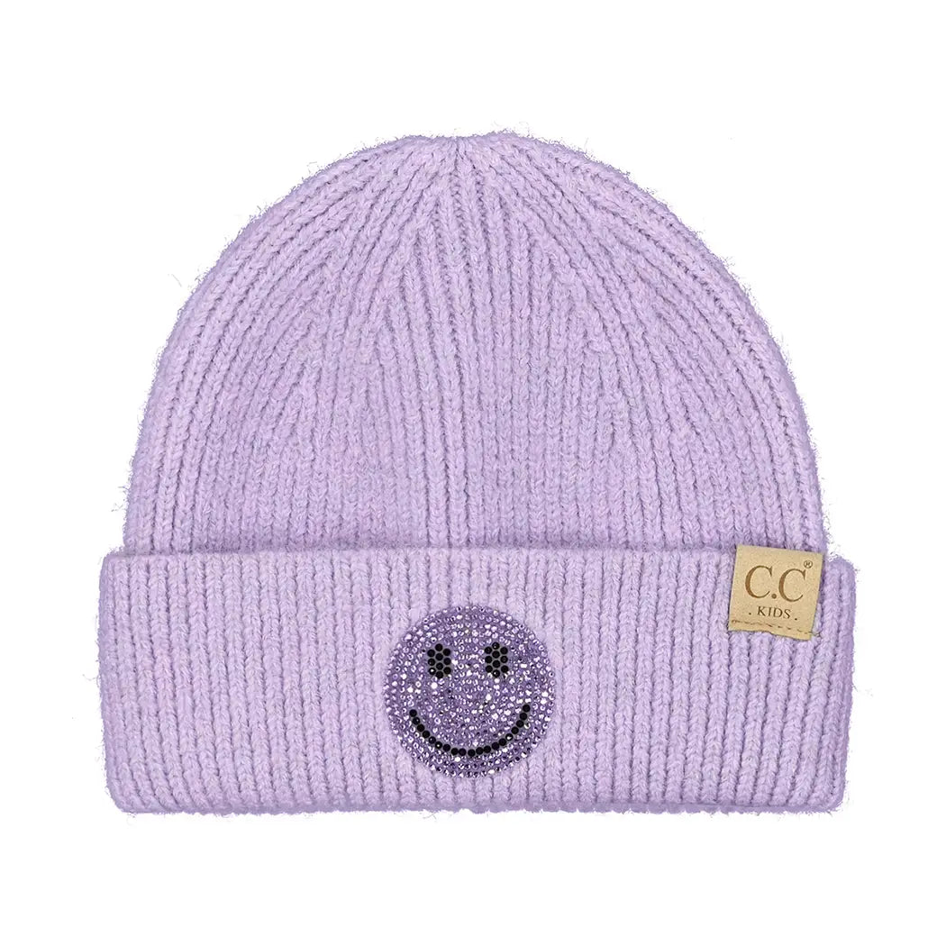 Happy Face Rhinestone Patch Cuff Beanie