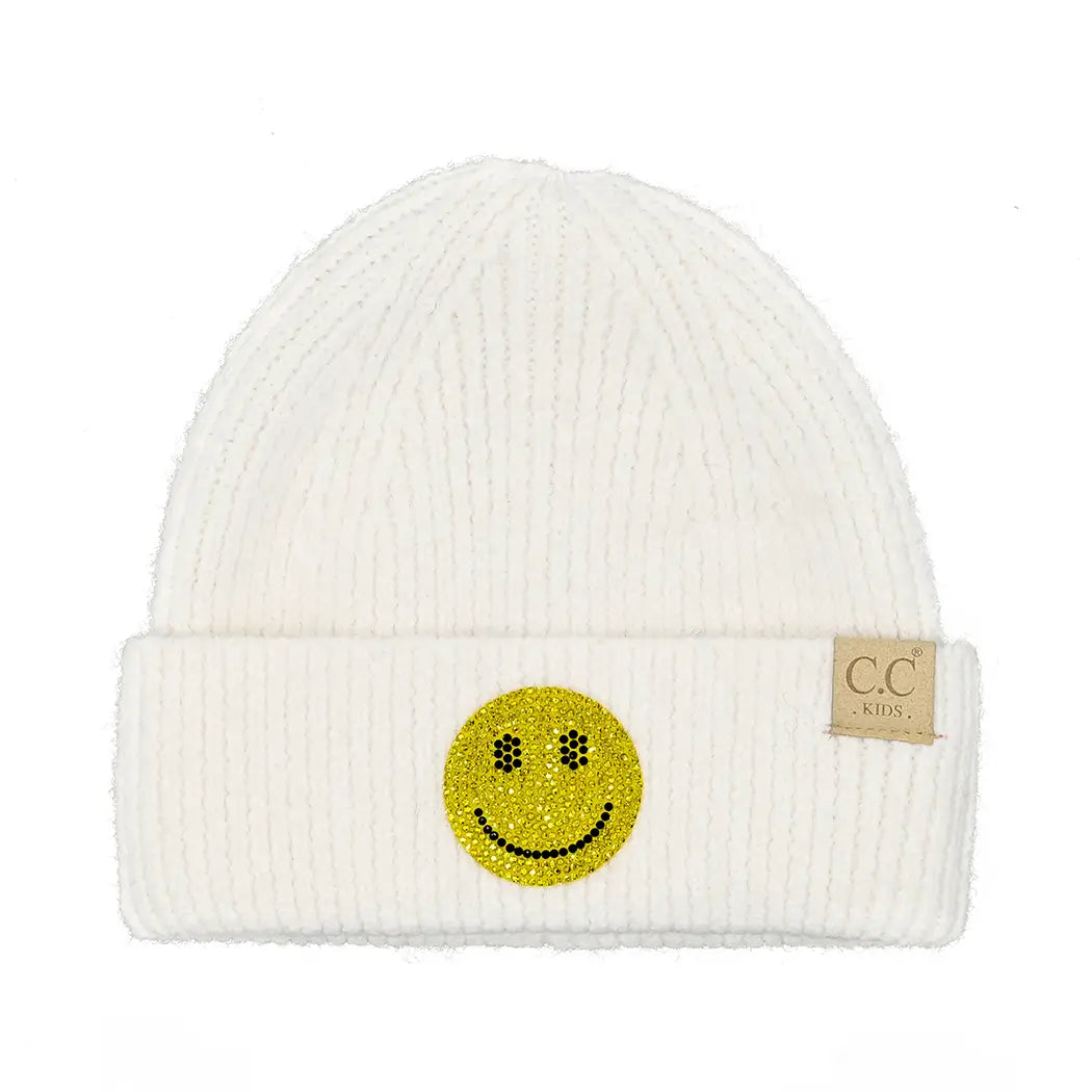 Happy Face Rhinestone Patch Cuff Beanie