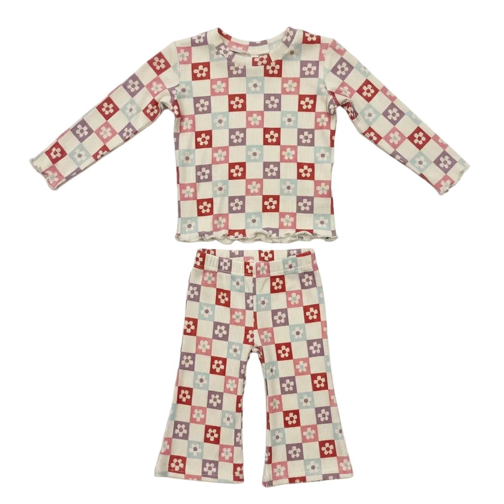 Lettuce Hem Tee & Flare Pants Set Wavy Daisy Checkered