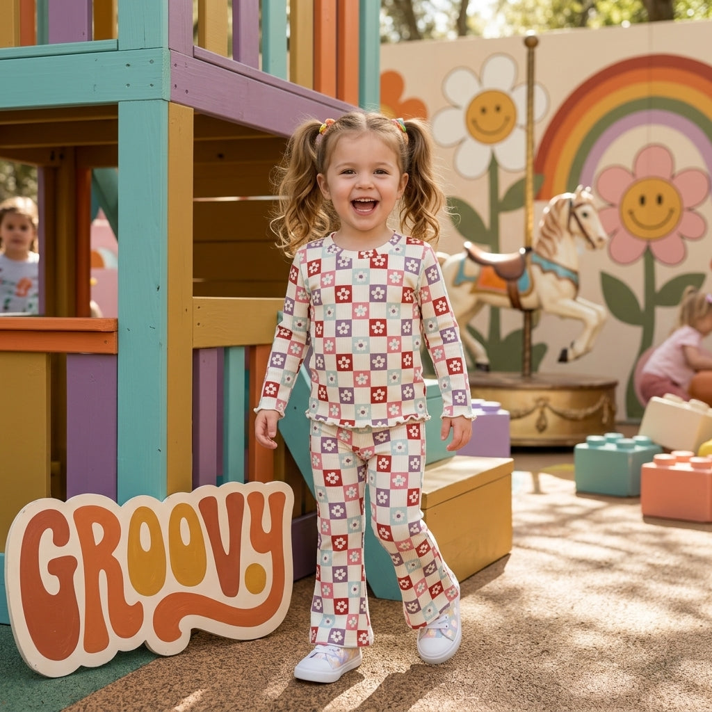 Lettuce Hem Tee & Flare Pants Set Wavy Daisy Checkered