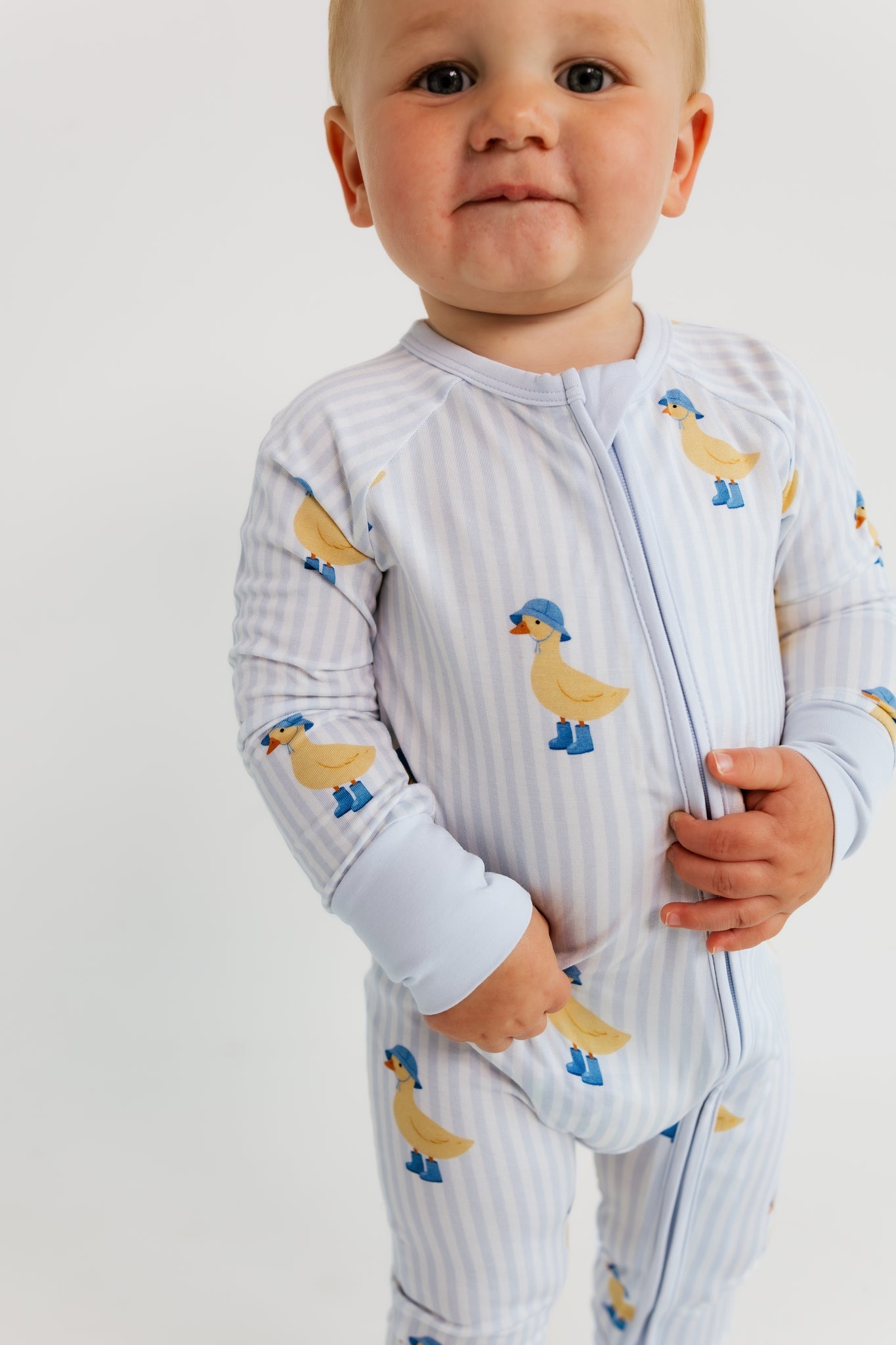 Blue Stripe Ducks Zipper Romper