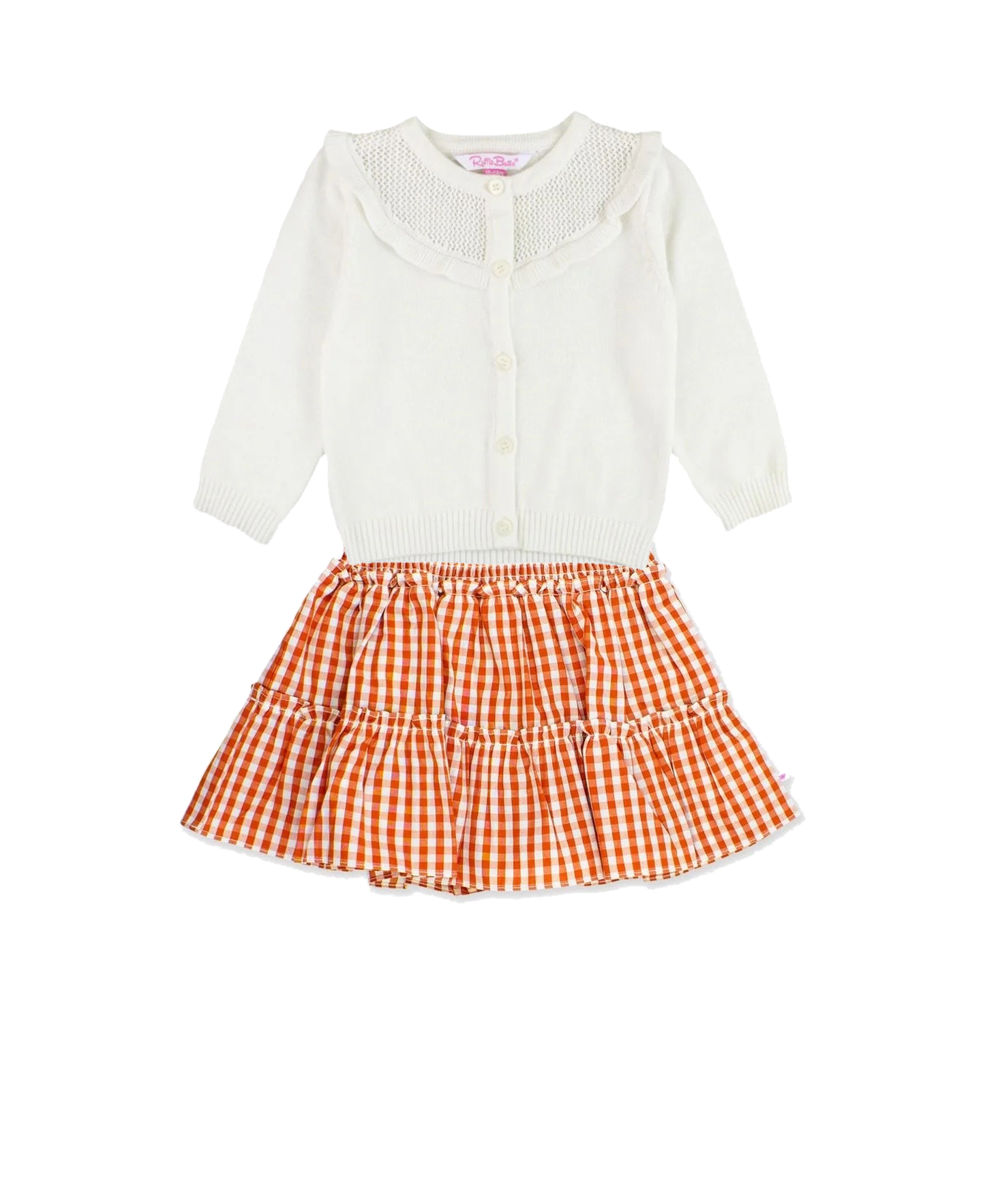 Sweater Knit Ruffle Trim Cardigan & Smocked Twirl Skirt