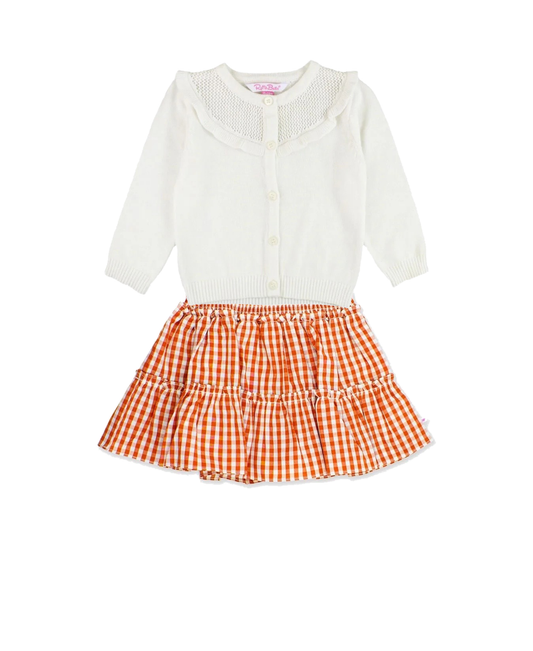 Sweater Knit Ruffle Trim Cardigan & Smocked Twirl Skirt