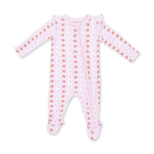 Football Bow Stripe 2 Way Ruffle Sleeve Zipper Footie