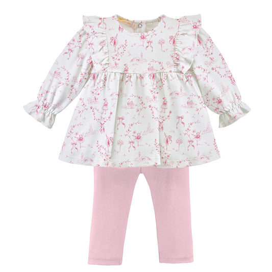 Grace In Toile Printed Pima Ruffled Blouse & Leggings Set