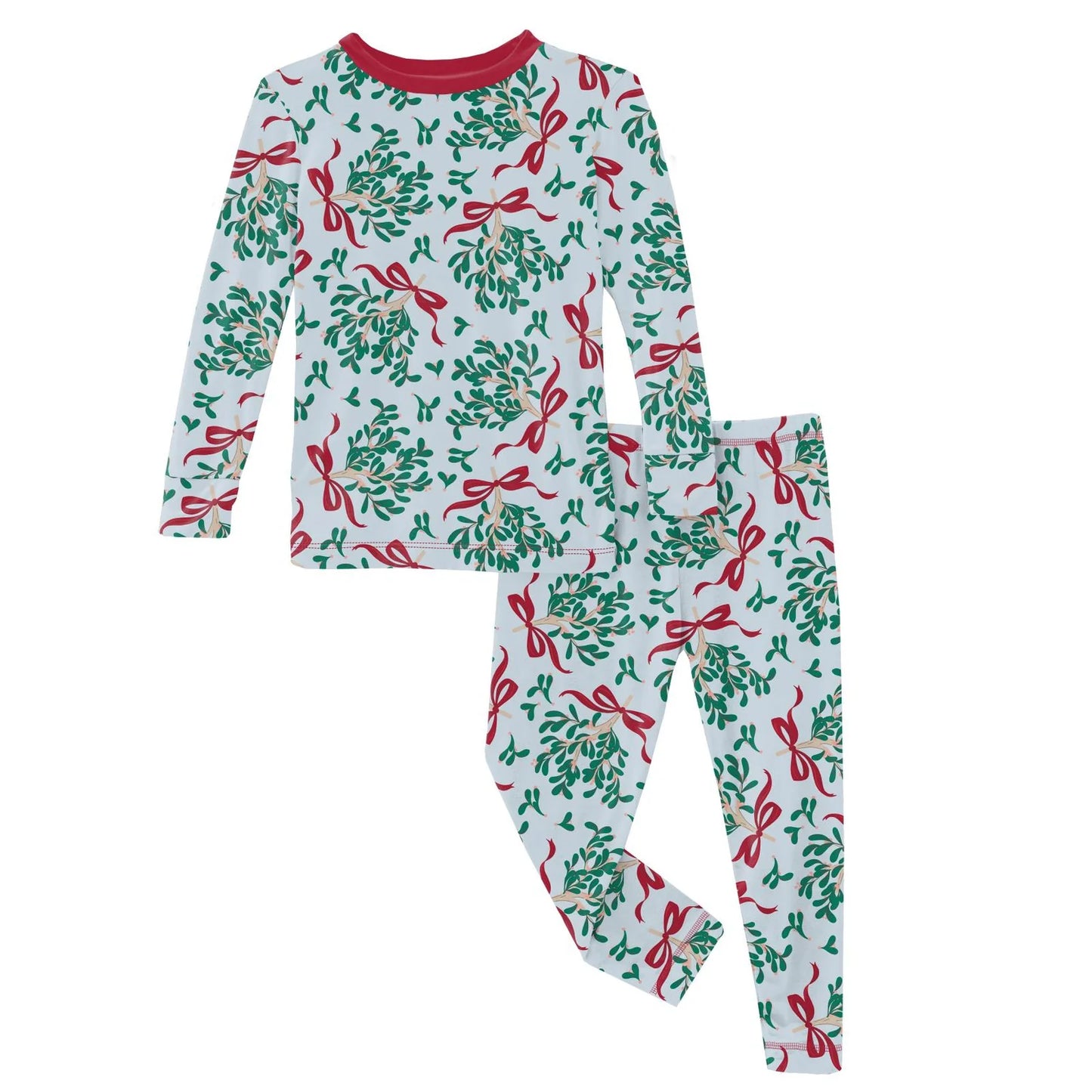 Print Long Sleeve Pajama Set in Illusion Blue Mistletoe & Ribbons