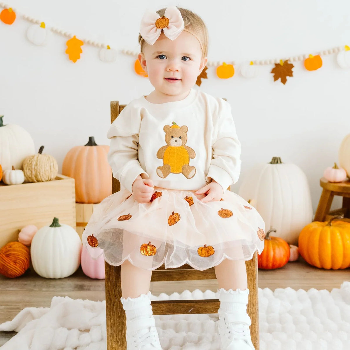 Pumpkin Teddy Bear Patch Long Sleeve Romper