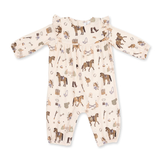 Pretty Equestrian Ruffle Sleeve Snap Romper