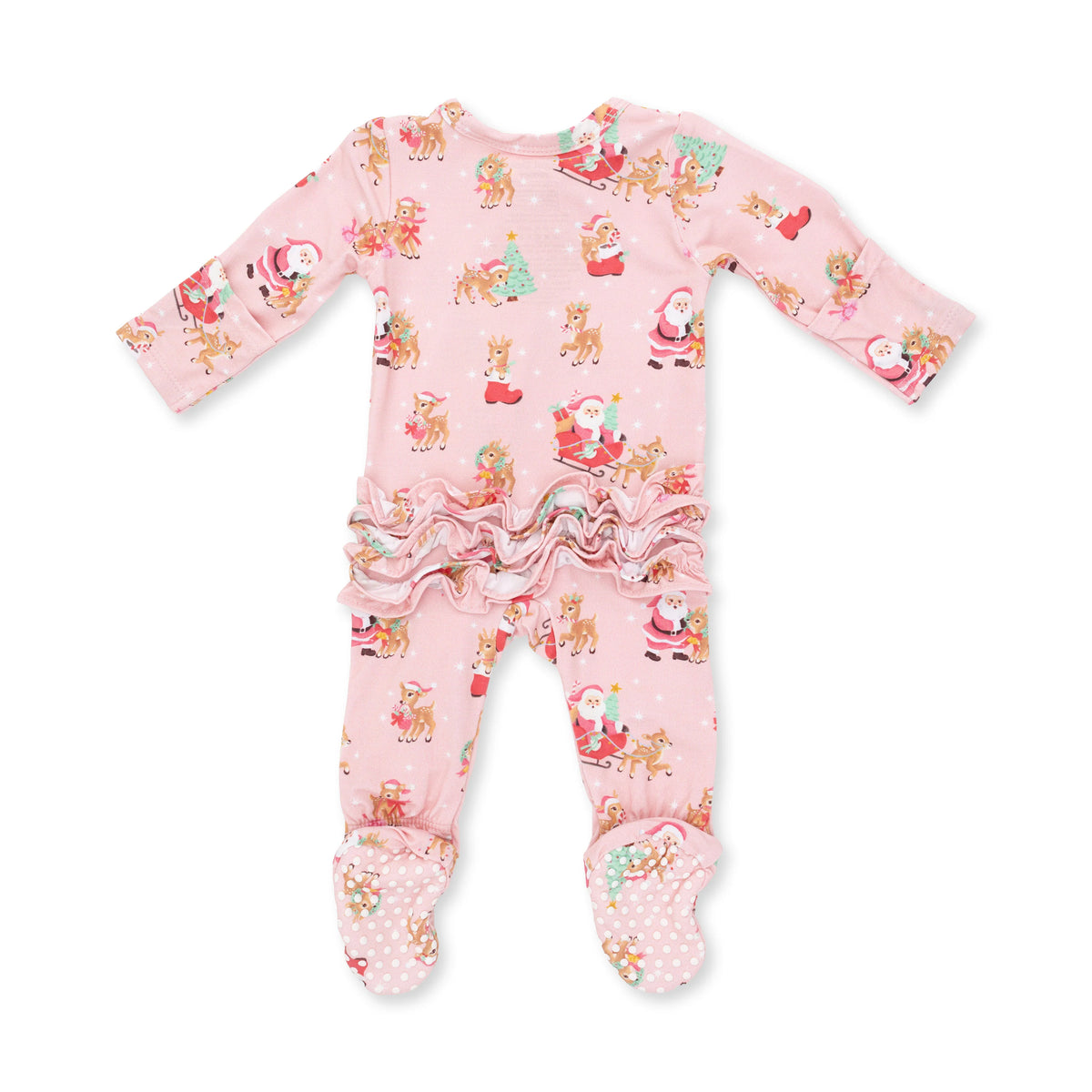 Vintage Reindeer & Santa Pink 2 Way Ruffle Back Zipper Footie