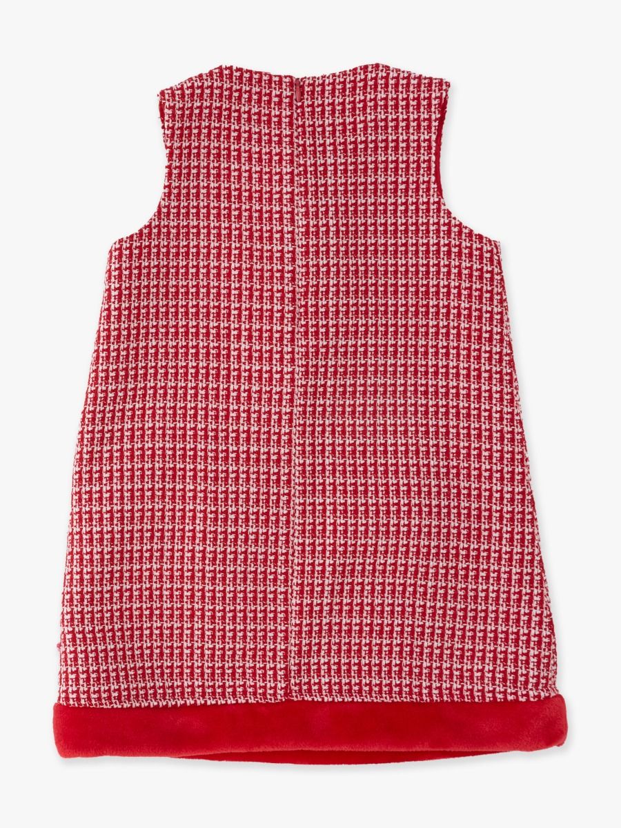Red Shimmer Tweed Sleeveless Pocket Bow Fur Trim Dress