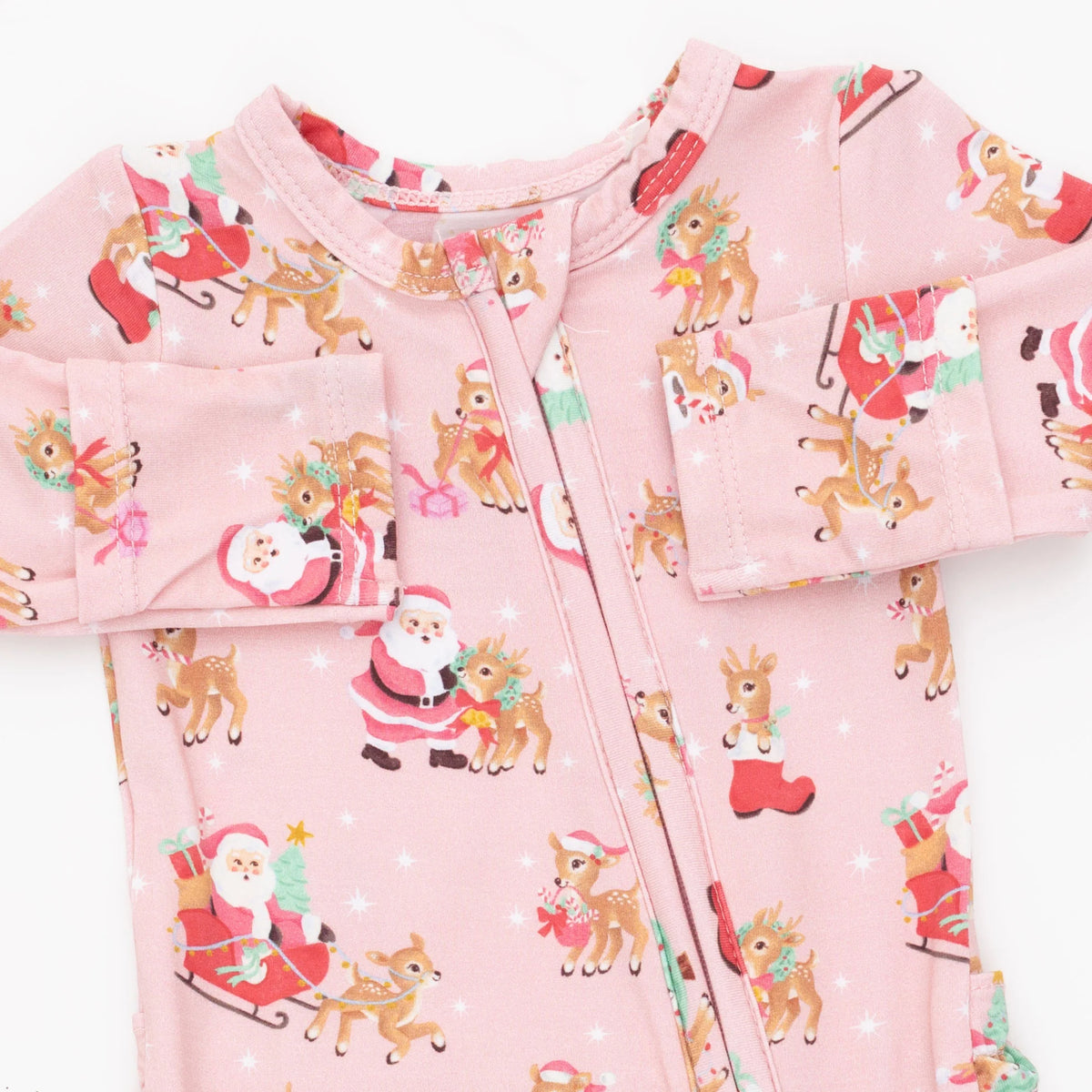 Vintage Reindeer & Santa Pink 2 Way Ruffle Back Zipper Footie