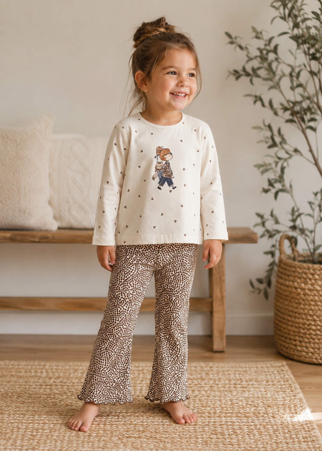 Kitty Long Sleeve Tee & Leopard Flare Legging Set