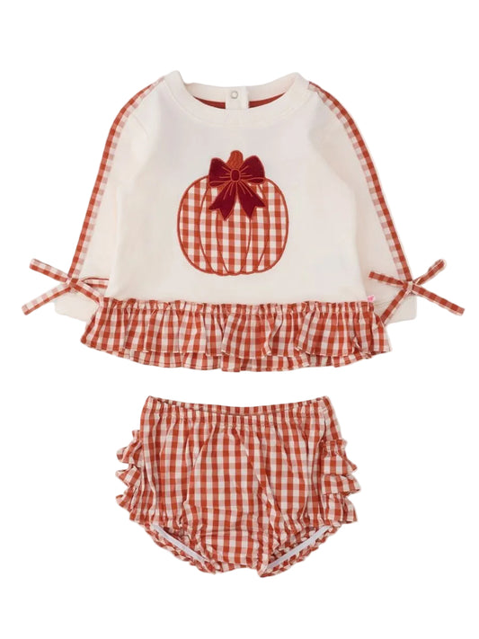 Long Sleeve Sweatshirt Swing Top And Bloomer Set Pumpkin Bow Ivory