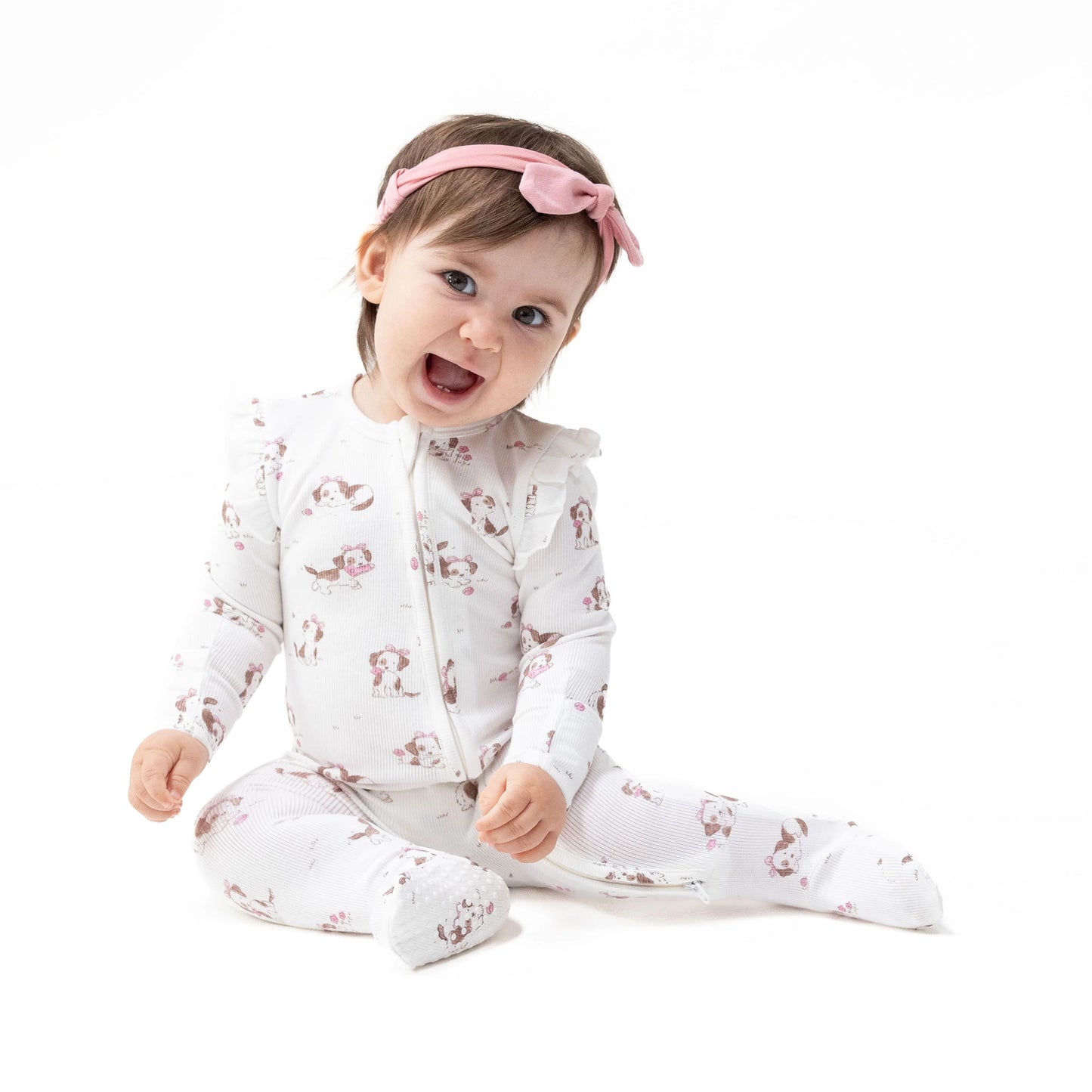 Explorer Puppy Pink 2 Way Ruffle Sleeve Zipper Footie