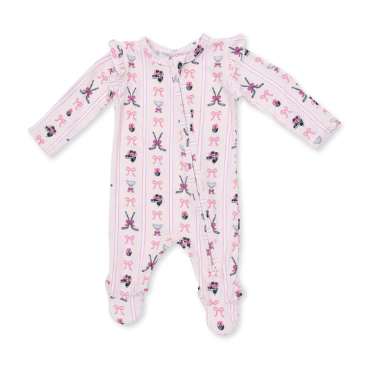 Megan’s Bowtiful Hockey Stripe 2 Way Ruffle Sleeve Zipper Footie