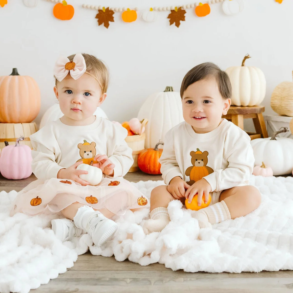 Pumpkin Teddy Bear Patch Long Sleeve Romper
