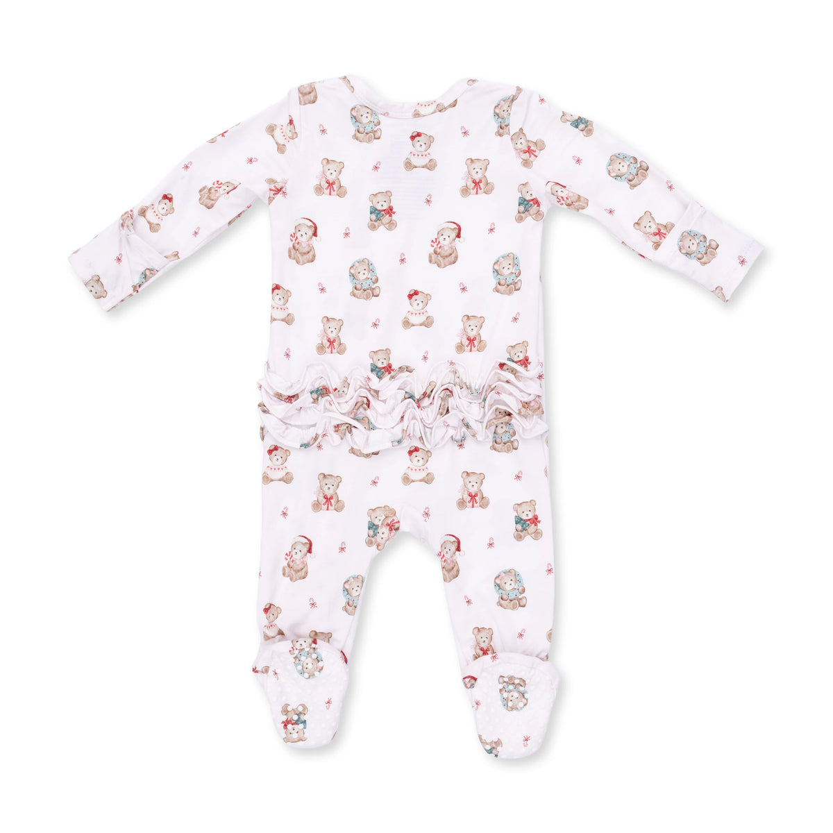 Christmas Teddy Bears Pink 2 Way Ruffle Back Zipper Footie