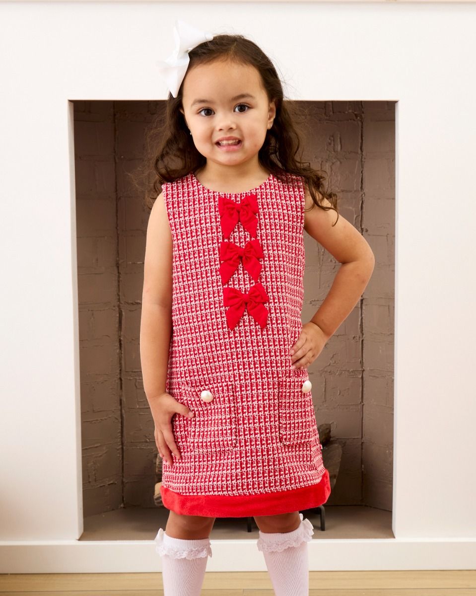 Red Shimmer Tweed Sleeveless Pocket Bow Fur Trim Dress