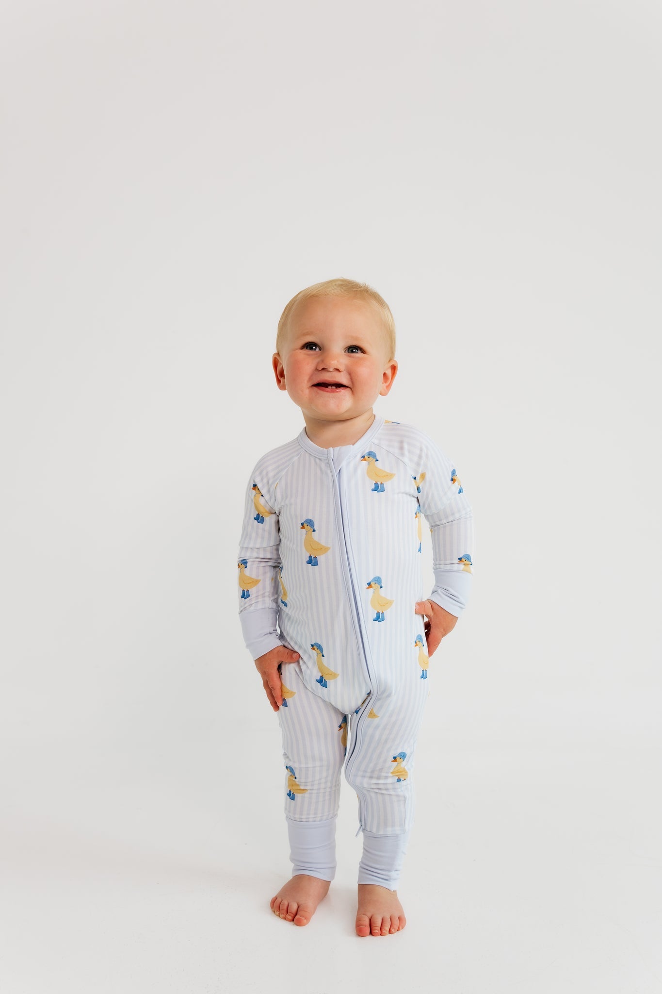 Blue Stripe Ducks Zipper Romper