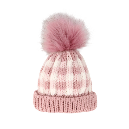 Rosy Pink Buffalo Check Pom Pom Beanie Hat