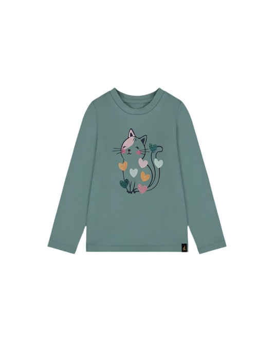 Organic Cotton T-Shirt Sage With Cat & Jersey Leggings Navy Floral