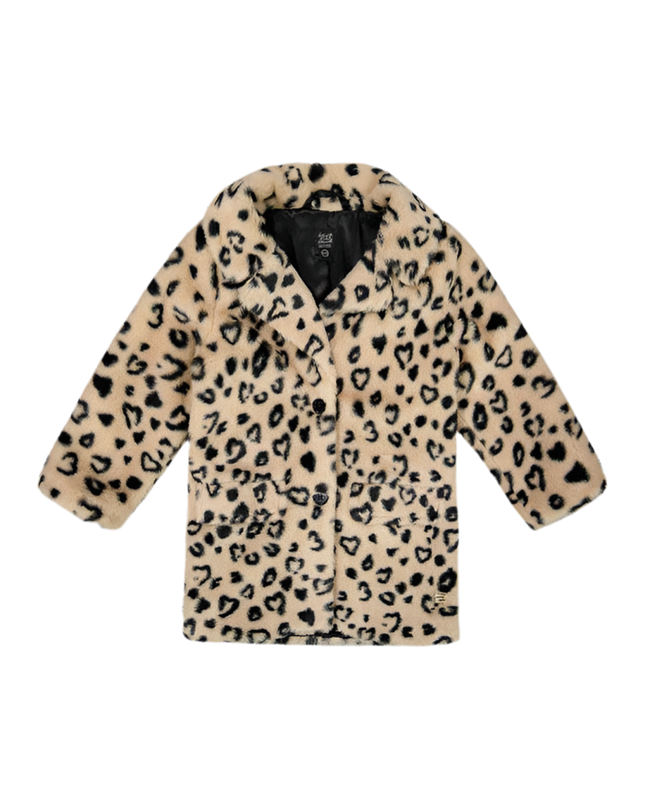 Printed Fake Fur Long Coat Black And Beige Leopard