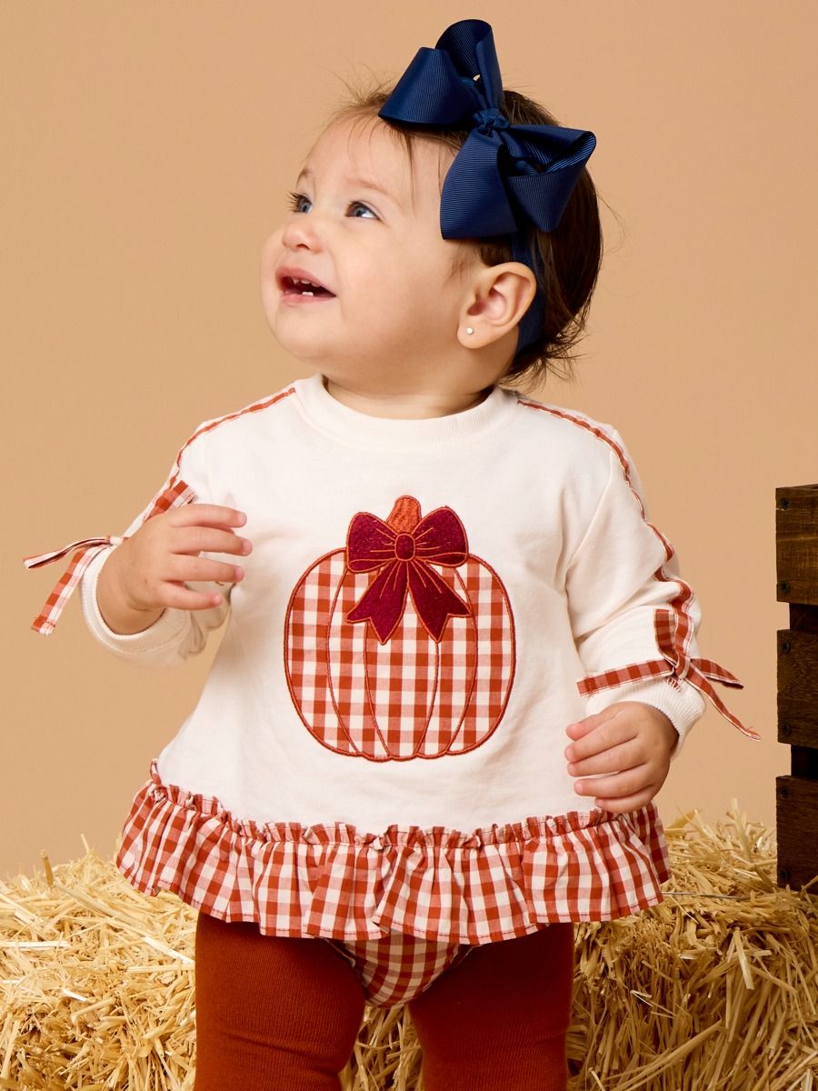 Long Sleeve Sweatshirt Swing Top And Bloomer Set Pumpkin Bow Ivory