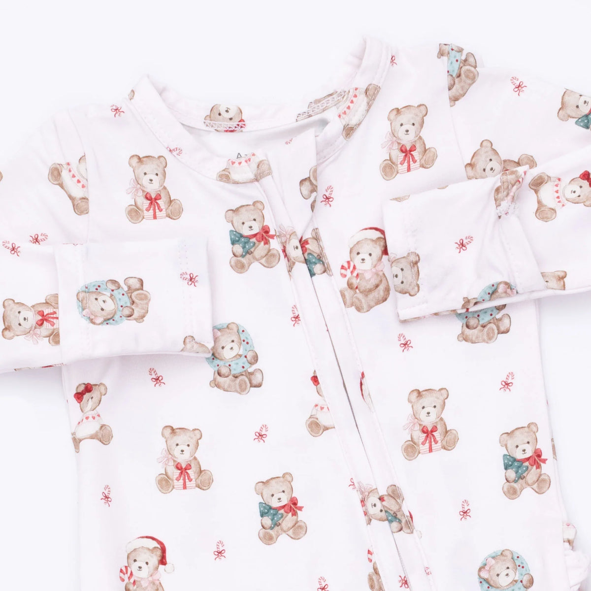 Christmas Teddy Bears Pink 2 Way Ruffle Back Zipper Footie