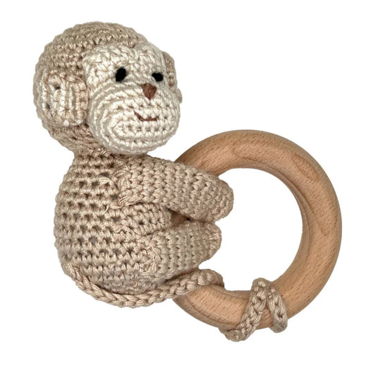 Monkey Bamboo Crochet Woodring Rattle