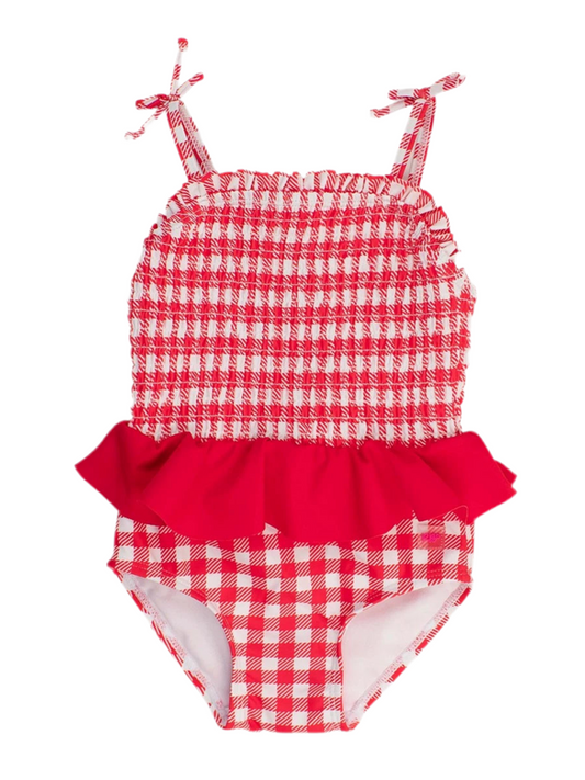 Vintage Red Gingham Peplum Smocked Bodice One Piece