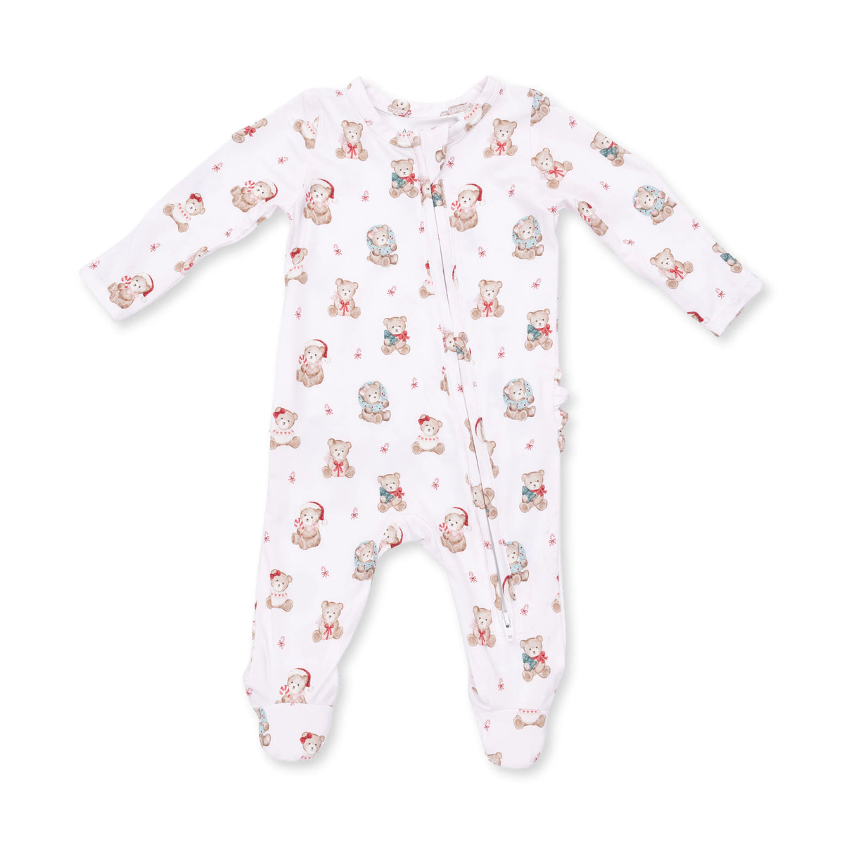 Christmas Teddy Bears Pink 2 Way Ruffle Back Zipper Footie