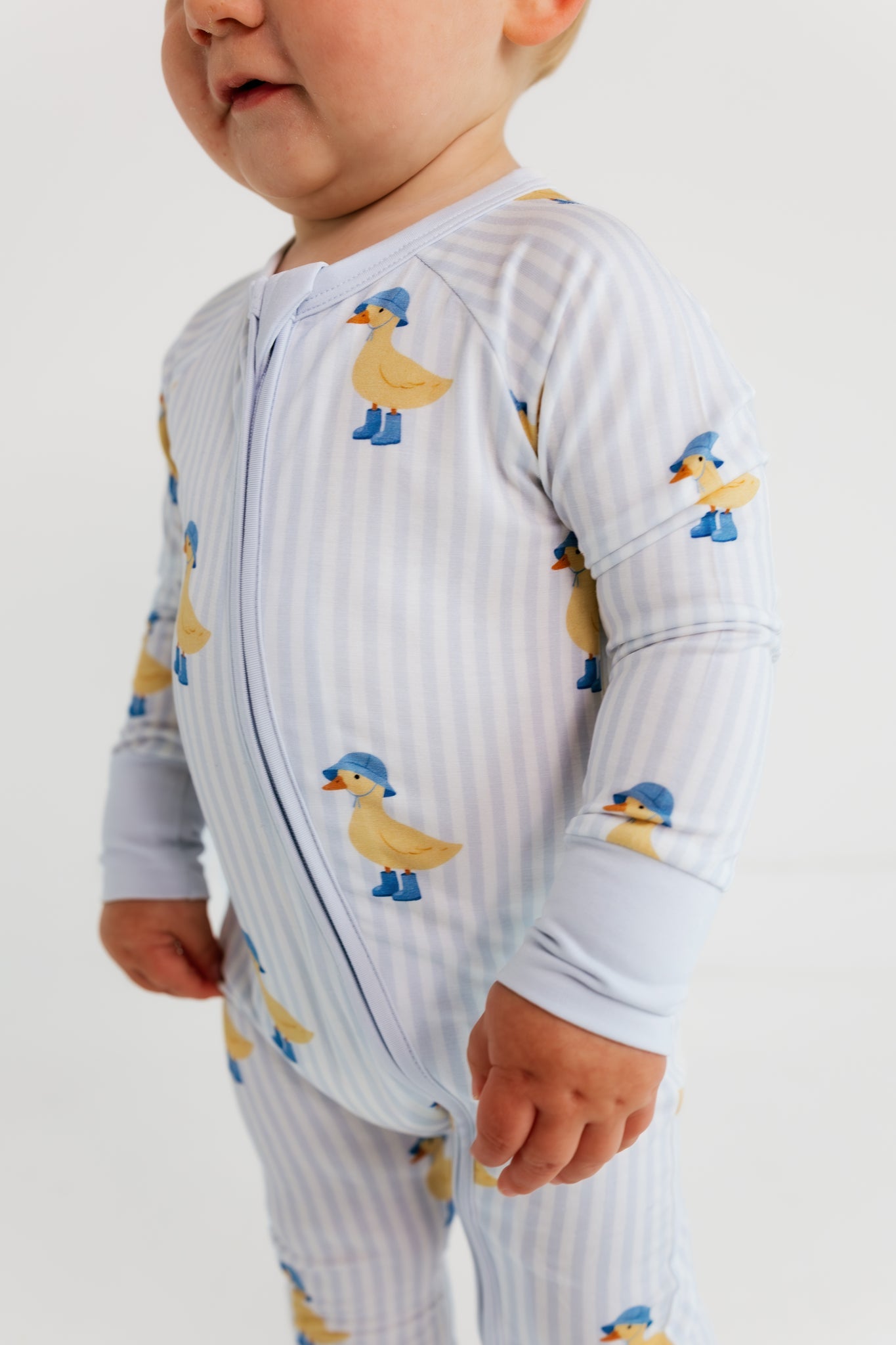 Blue Stripe Ducks Zipper Romper