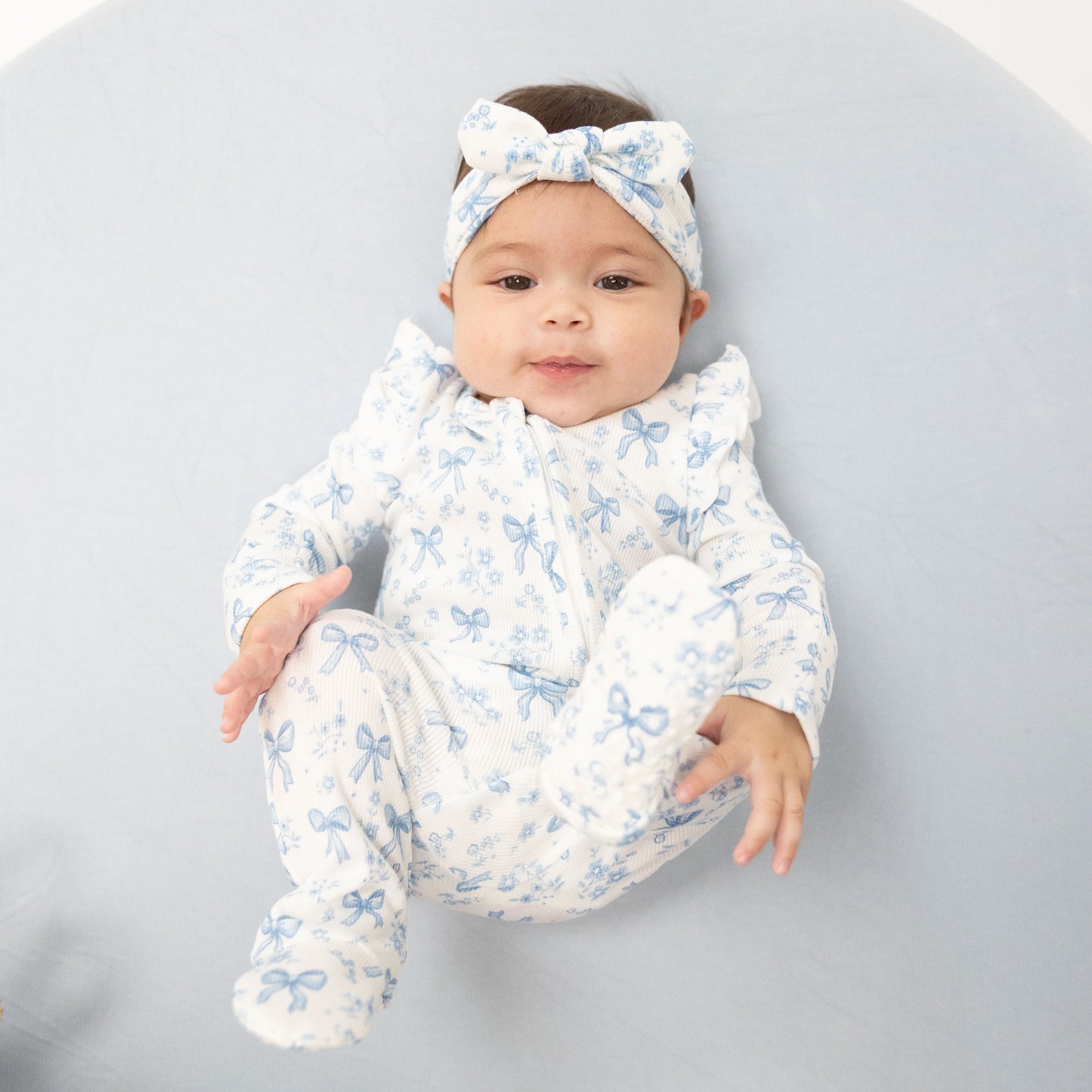 Blue Bows and Flowers 2 Way Ruffle Sleeve Zipper Footie