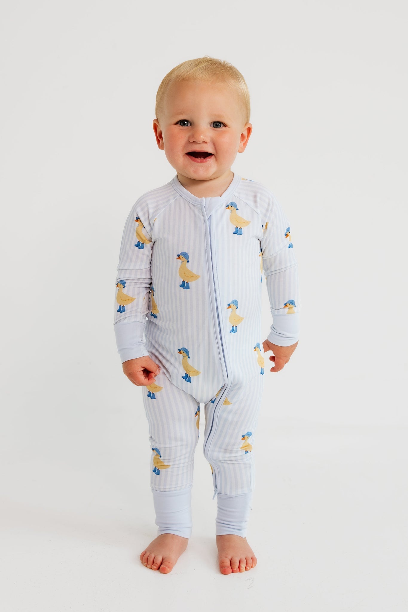 Blue Stripe Ducks Zipper Romper