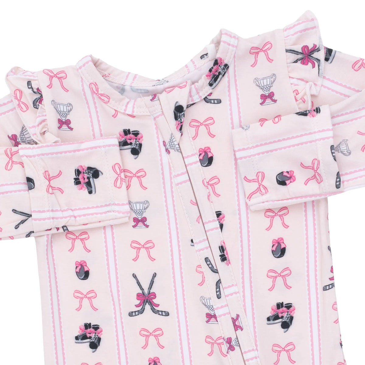 Megan’s Bowtiful Hockey Stripe 2 Way Ruffle Sleeve Zipper Footie