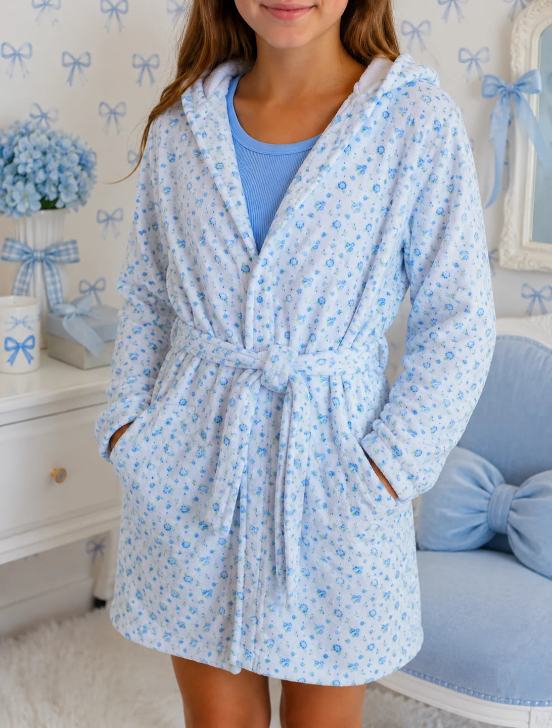 Blue Ditsy Hooded Plush Robe
