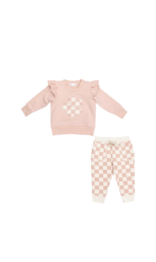 French Terry Checkerboard Pink Ruffle Patch Sweatshirt & Jogger Set