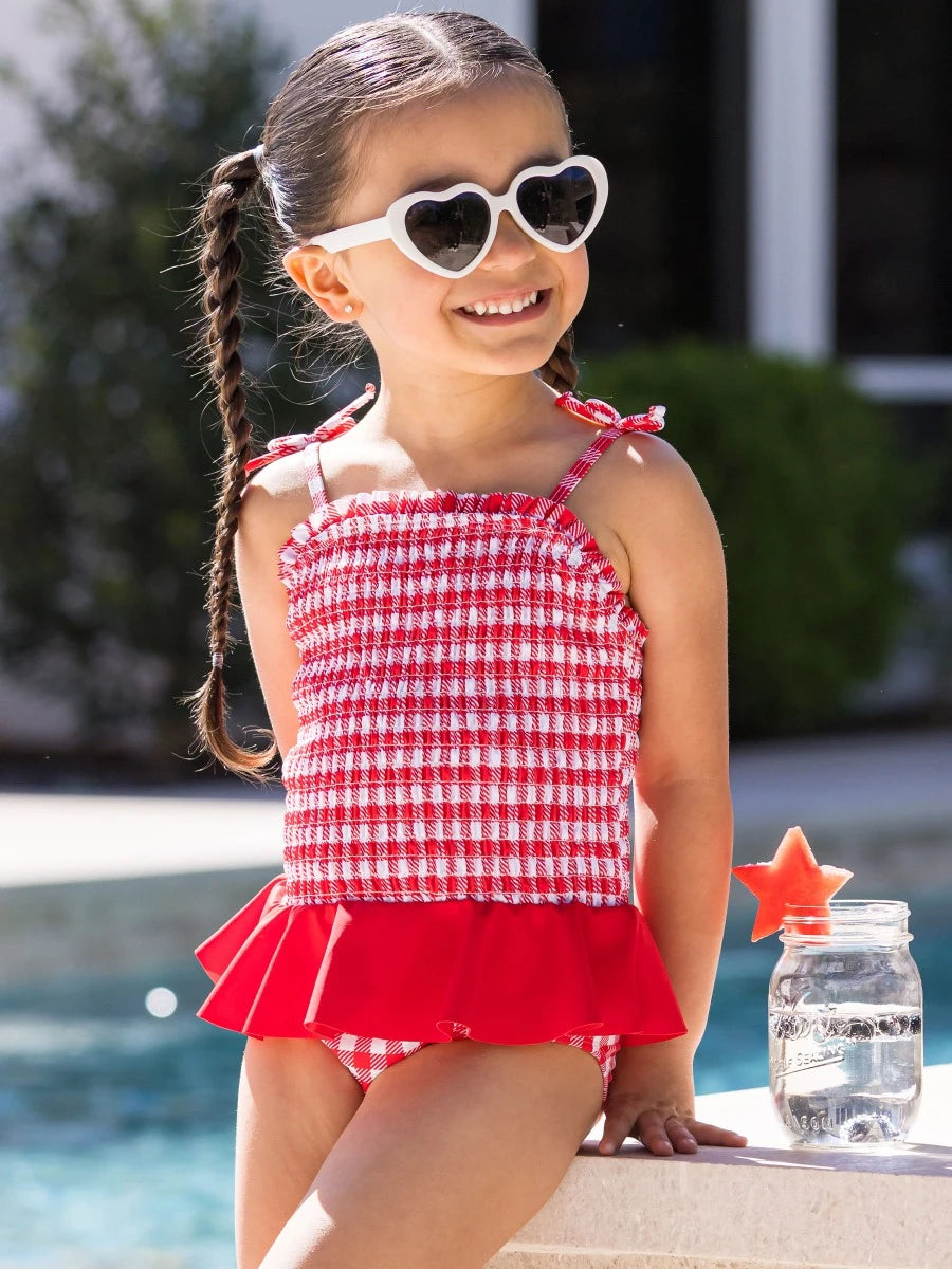 Vintage Red Gingham Peplum Smocked Bodice One Piece