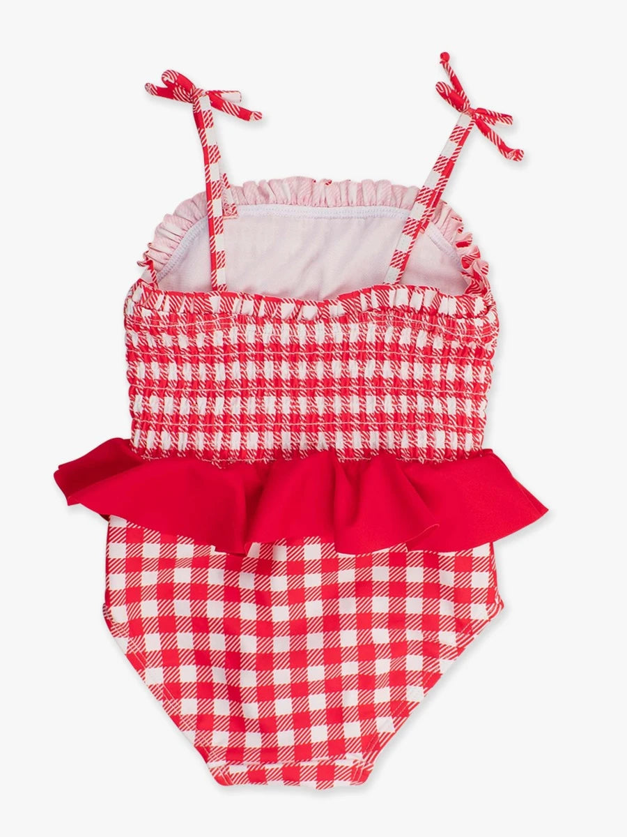 Vintage Red Gingham Peplum Smocked Bodice One Piece