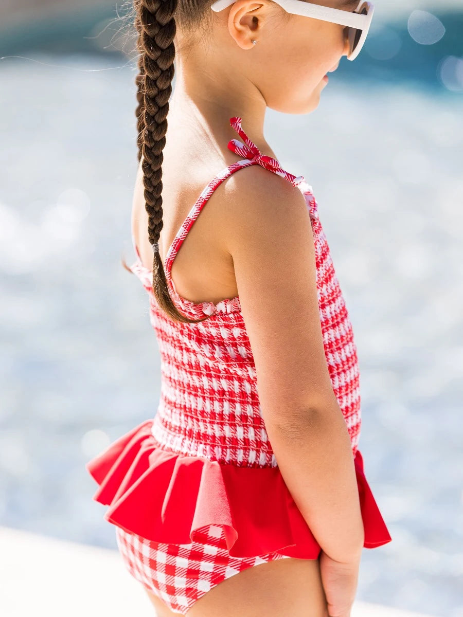 Vintage Red Gingham Peplum Smocked Bodice One Piece