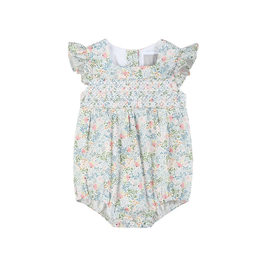Pink Floral Print Smocked Futter Romper