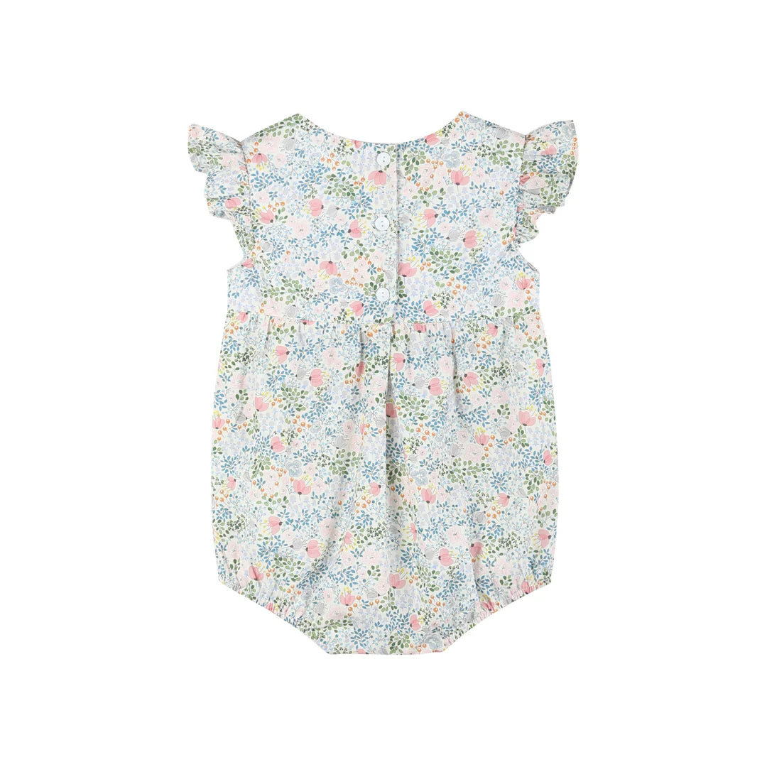 Pink Floral Print Smocked Futter Romper