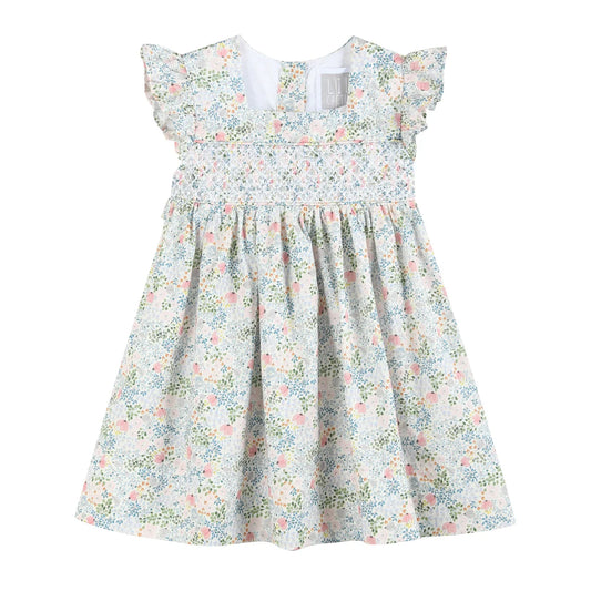 Pink Floral Print Smocked Flutter Dress