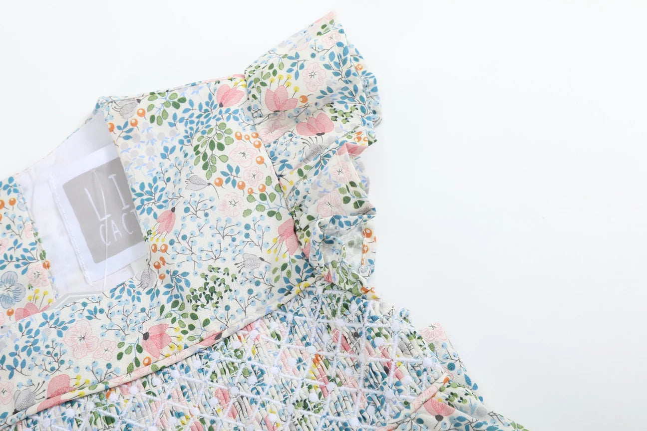 Pink Floral Print Smocked Flutter Dress