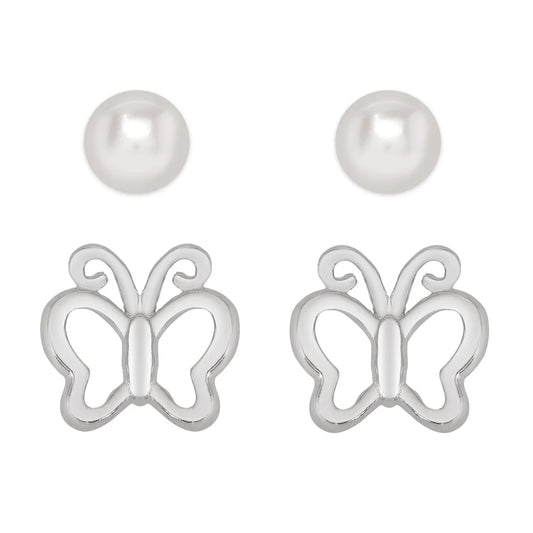 Butterfly and Freshwater Pearl Stud Set in Sterling Silver