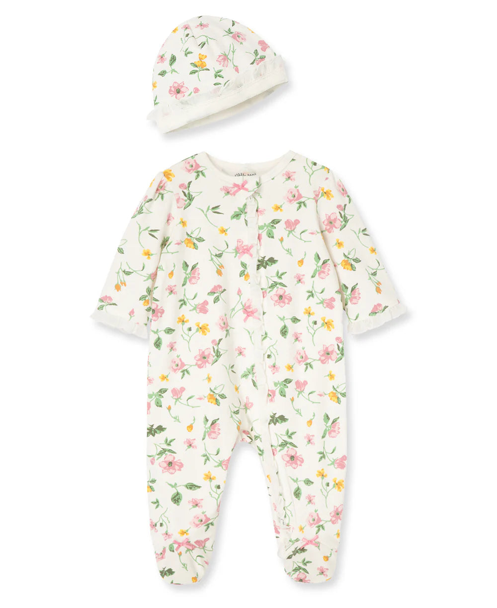 Floral Leaf Zip Footed One-Piece And Hat