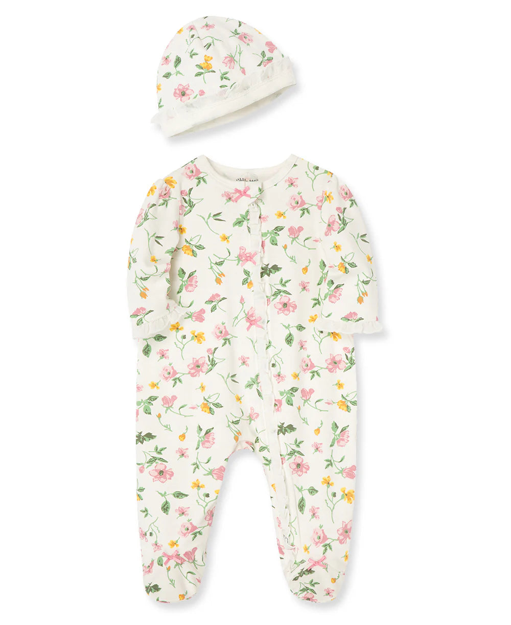 Floral Leaf Zip Footed One-Piece And Hat