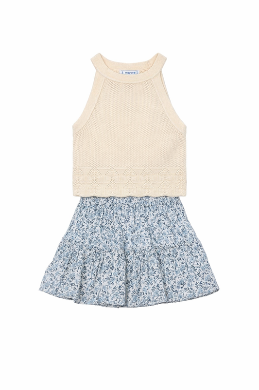 Mini Floral Blue Skirt & Cream Tank Set