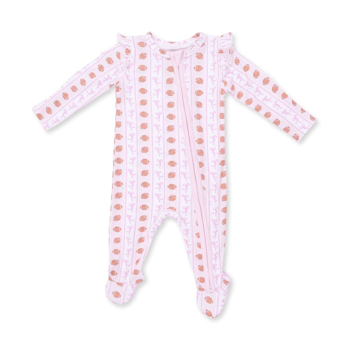 Football Bow Stripe 2 Way Ruffle Sleeve Zipper Footie